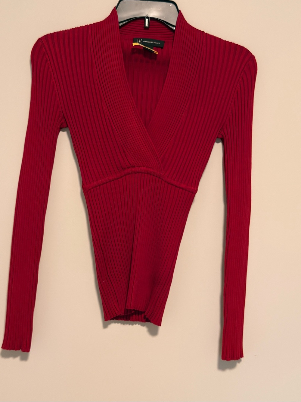 INC International Concepts Ribbed Red V-Neck Long-Sleeve Top
